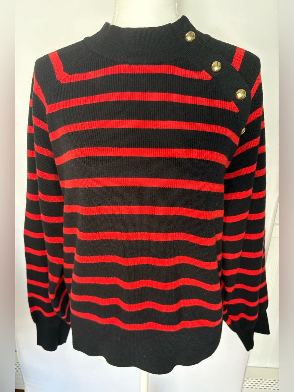 Who What Wear Striped Shoulder-Button Sweater Black Red L